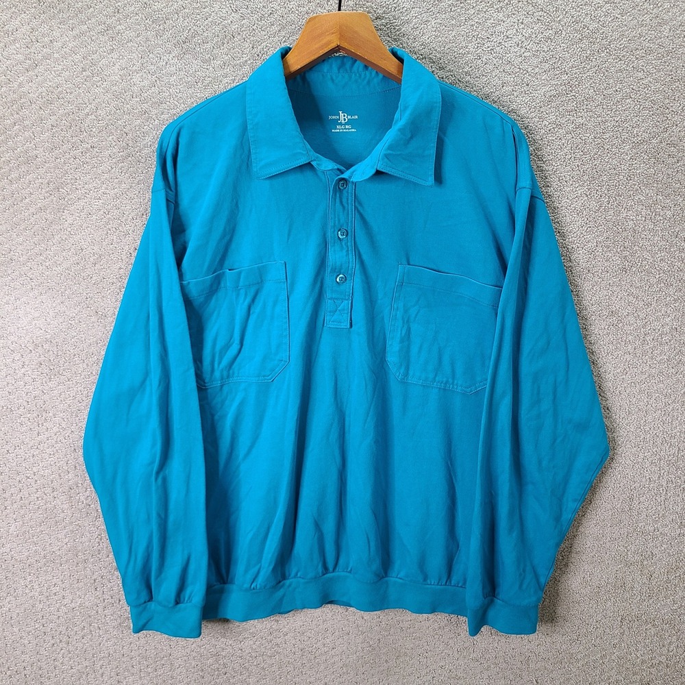 John Blair Shirt Mens XLG Blue Polo Cotton Blend Long Sleeve Banded Hem Retro